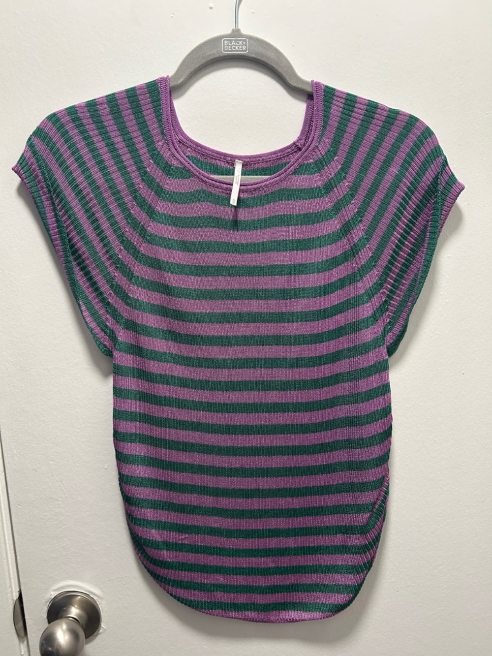 Free People Purple & Green Striped Cap Sleeve Tee